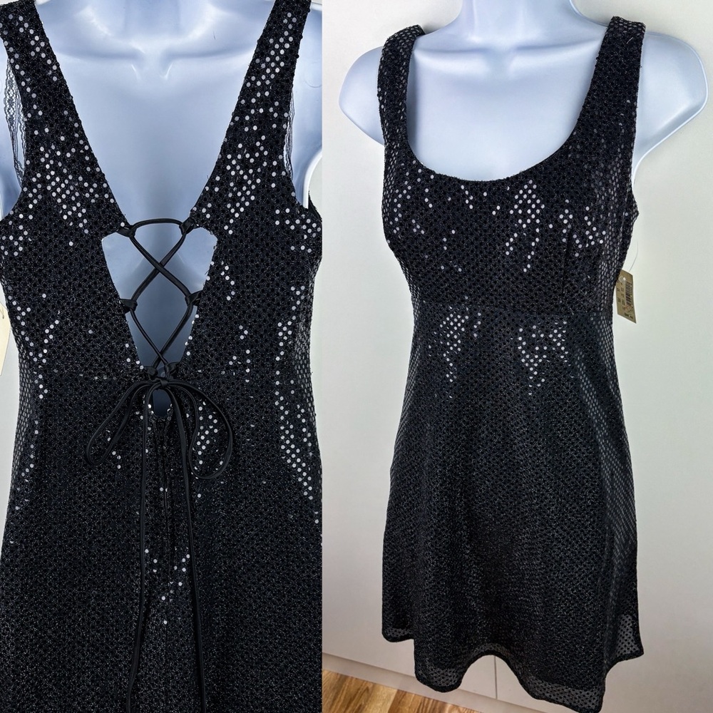 Y2K Sequin Lace Up Open Back Black Mini Flare Cocktail Dress Black Sparkly NEW